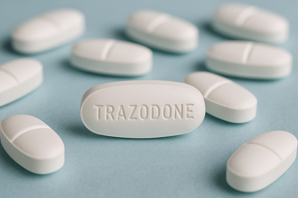 an image of a Trazodone tablet — an oblong, white pill with a clean, clinical background